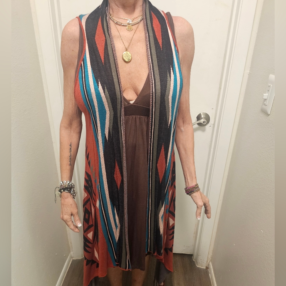 Charlie Paige Teal and Rust Geometric Vest
